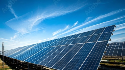 A solar farm with rows of solar panels under a clear sky,