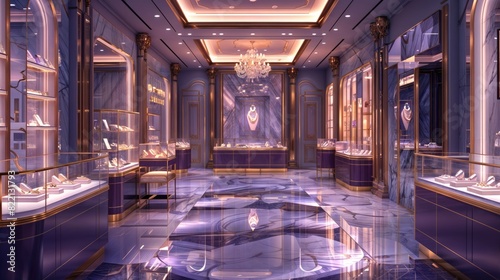 A fancy jewelry store with purple walls  glass cases filled with jewelry  and chandel