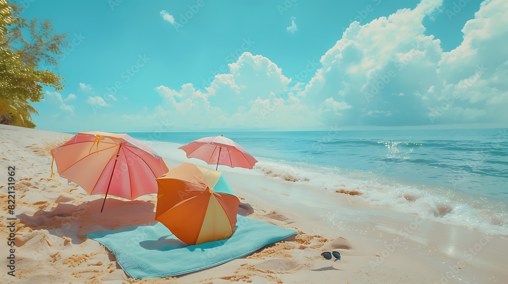 A pristine tropical beach with vibrant sun umbrellas, a beach towel, and sunglasses lying on the sand