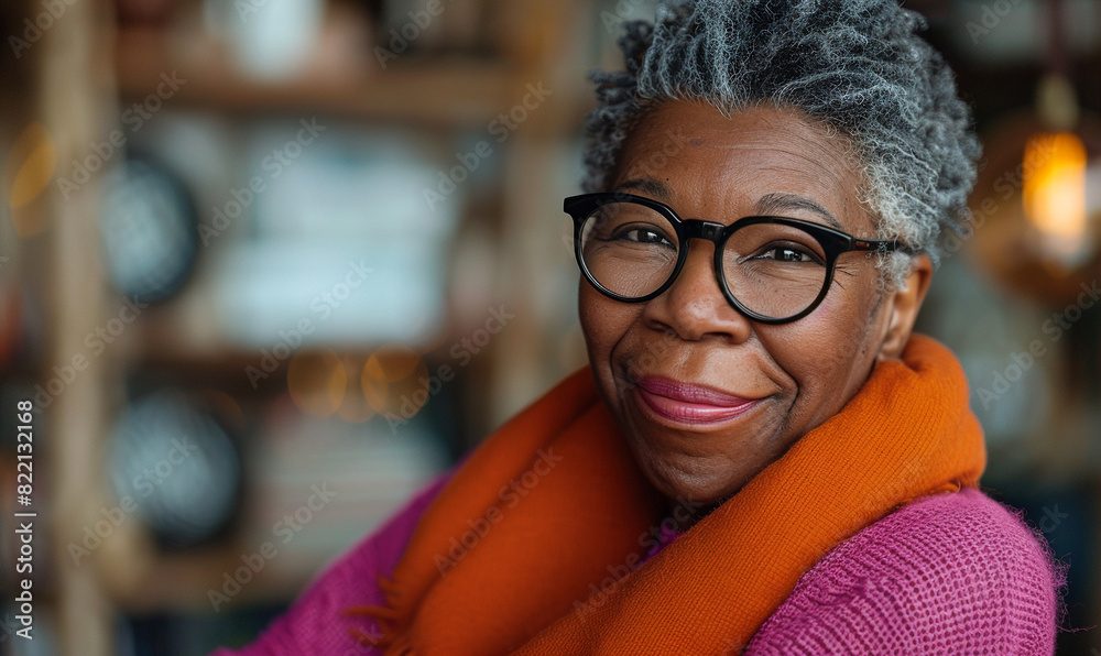Smiling woman in orange scarf and glasses with cozy background people portrait Smiling woman in orange scarf and glasses with cozy background people portrait