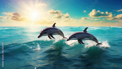 Two dolphins jumping out of the ocean with the sun rising in the background.