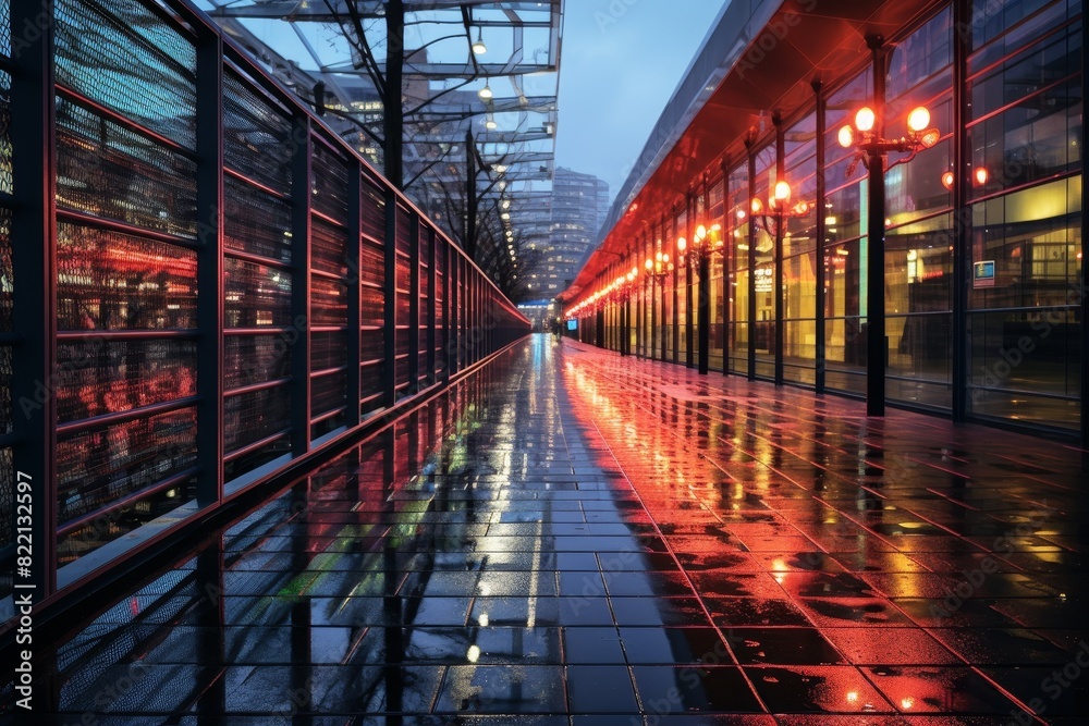 Fototapeta premium A Modern Pedestrian Bridge Over Rainy City Streets Glowing with Neon Lights at Twilight