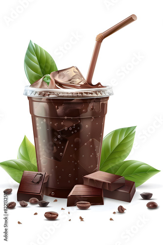 Ice coffee chocolate drink in a plastic cup, some green leaves around photo