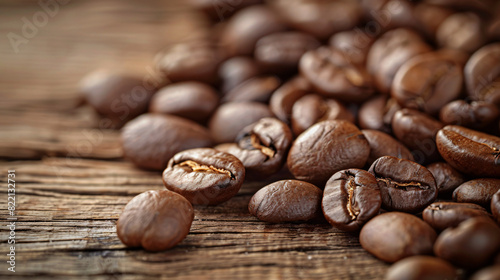 Many roasted coffee beans on wooden table closeup