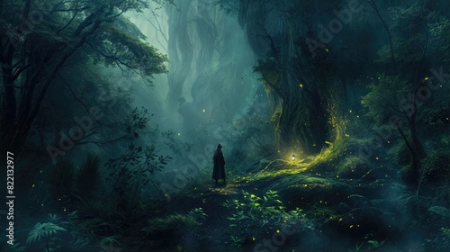 A person in a black cloak stands on a mossy path in a dark forest, holding a lantern photo