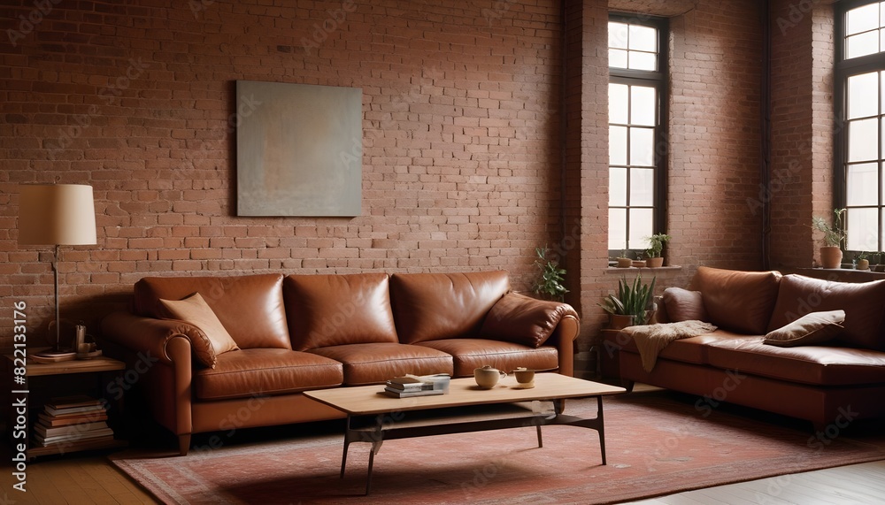 Apartment with brick wall and comfortable sofa