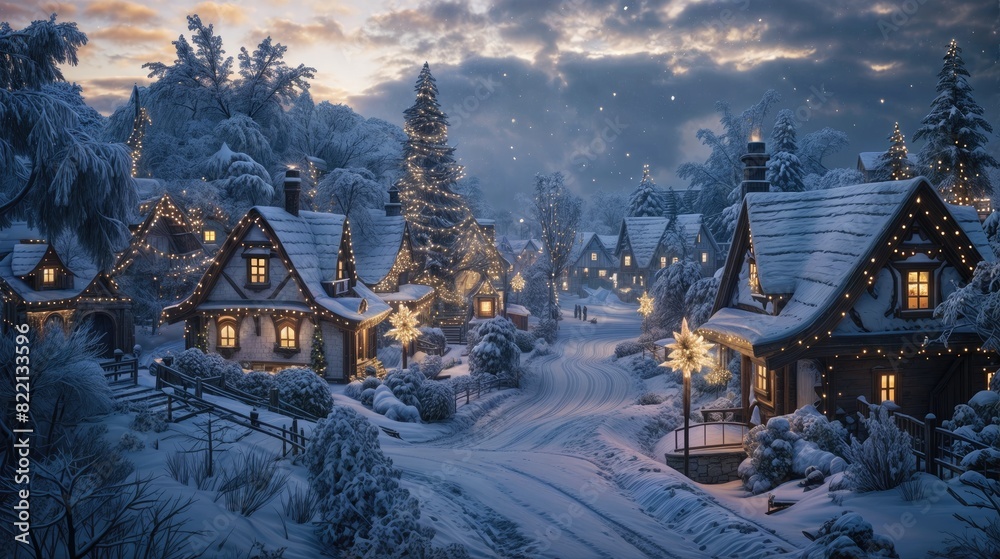 A snowy village at dusk with Christmas lights adorning the houses and trees A snowy village at dusk with Christmas lights adorning the houses and trees