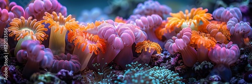 Vibrant underwater coral reef teeming with colorful marine life in the ocean. photo