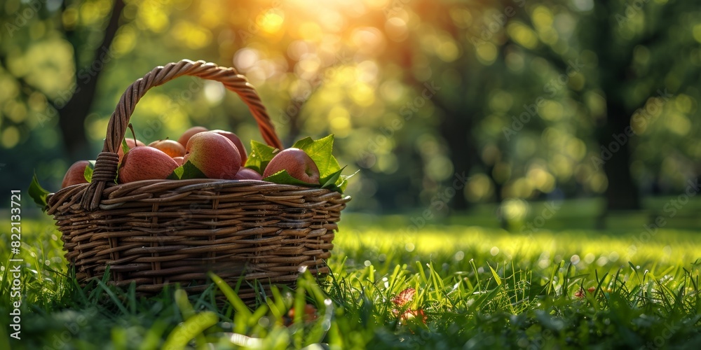 An overflowing basket of fruits bathed in warm sunlight on the green grass. An overflowing basket of fruits bathed in warm sunlight on the green grass.