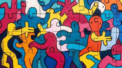 Colorful puzzle artwork with diverse people for interior design or wall decor