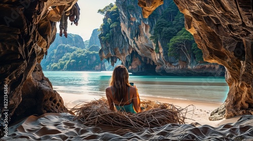 A woman in a swimsuit sits on a nest between two cliffs, looking out at a tropical be
