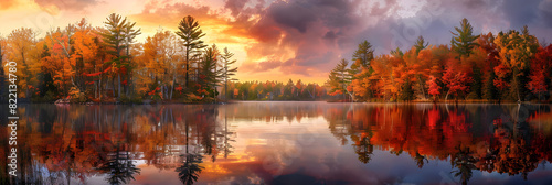 Idyllic Autumn Reflection: Tranquil Lake Mirroring Vibrant Fall Foliage and Sunset Sky