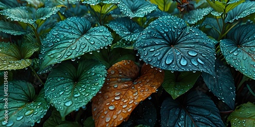 wallpaper representing a pattern of leaves with water droplets above. Hipperrealistic image
