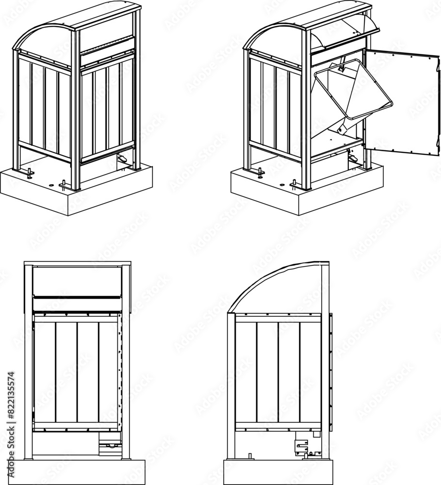 vector illustration, sketch design, image of a trash box container seen from various sides vector illustration, sketch design, image of a trash box container seen from various sides