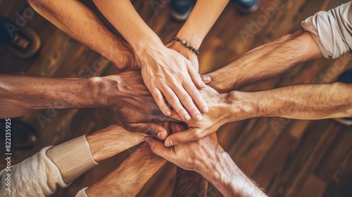 Diverse multiethnic team, partnership, unity and diversity concept. Close up to multiracial people joining hands together photo