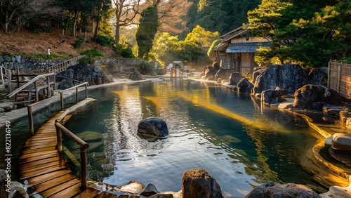 Onsen  landscape outdoor with nature  relaxation and calm rejuvenation  Japan style