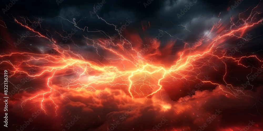 Red lightning background, red thunder with orange electric energy, sky full of dark clouds, dark red orange thunderstorm, red orange lightning effect. electric texture, banner