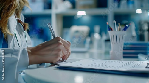 Female doctor writing a prescription for her patient. Docotr filling medical insurance claim form at medical clinic, healthcare and medicine concept, close . photo