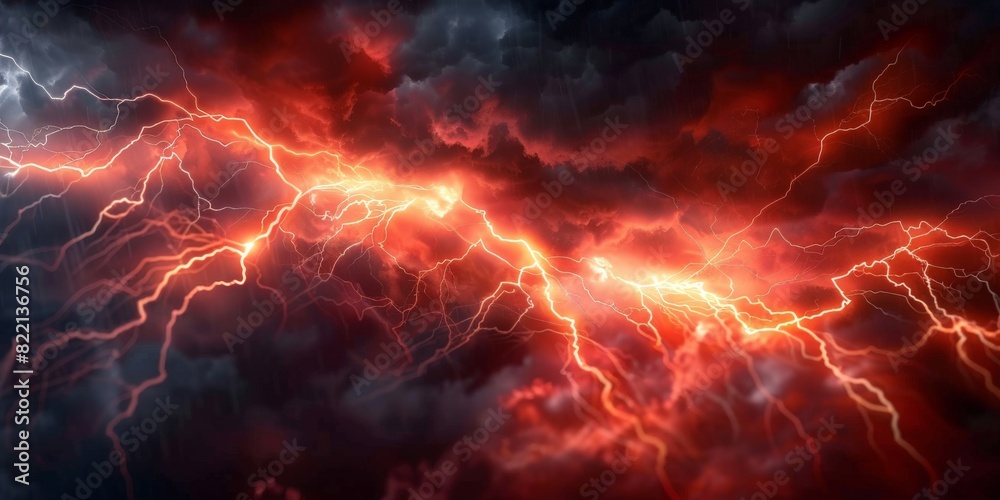 Red lightning background, red thunder with orange electric energy, sky full of dark clouds, dark red orange thunderstorm, red orange lightning effect. electric texture, banner
