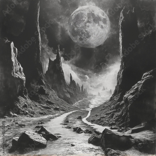 Paysage noir et blanc avec un chemin au milieu qui passe dans une aille et une grande plein lune photo