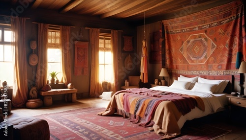 Ethnic spacious colorful bedroom with wooden furniture photo