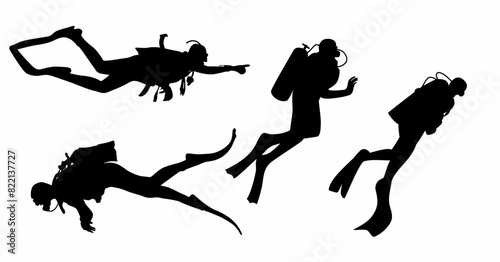 Scuba diver silhouettes in different poses. 