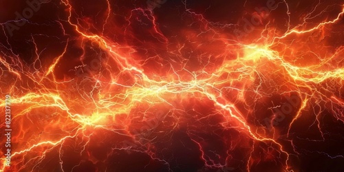 Red lightning background, red thunder with orange electric energy, sky full of dark clouds, dark red orange thunderstorm, red orange lightning effect. electric texture, banner photo