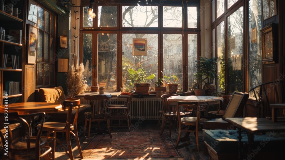 Cozy vintage cafe with sunlit interior for a relaxing and romantic atmosphere