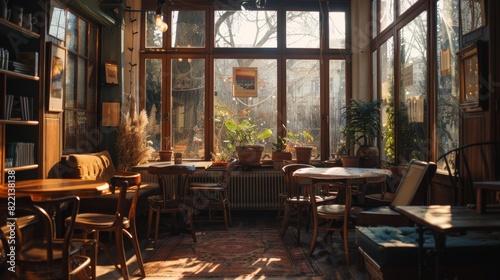Cozy vintage cafe with sunlit interior for a relaxing and romantic atmosphere