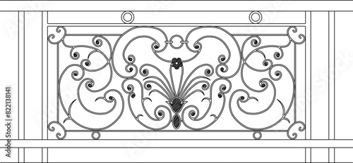 vector illustration sketch design drawing of old iron fence railing classic vintage ethnic traditional floral motif 
