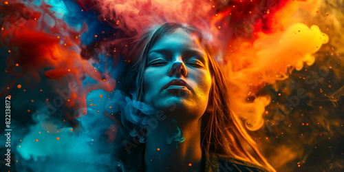 Beautiful fantasy abstract portrait of a beautiful woman double exposure with a colorful digital paint splash or space nebula