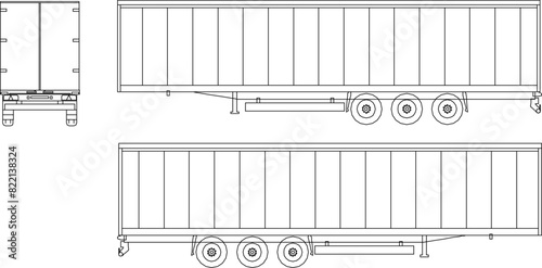 vector illustration, sketch design, image of the rear container of a heavy-duty trailer truck seen from various sides 
