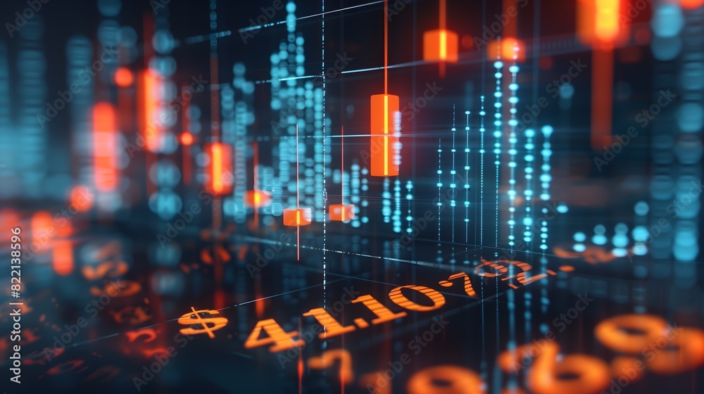 Graph Chart - A digital stock market graph with red and blue candlesticks and numerical values, depicting financial data trends Graph Chart - A digital stock market graph with red and blue candlesticks and numerical values, depicting financial data trends