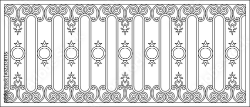 vector illustration, sketch design, drawing of a classic vintage European model of old iron fence railing