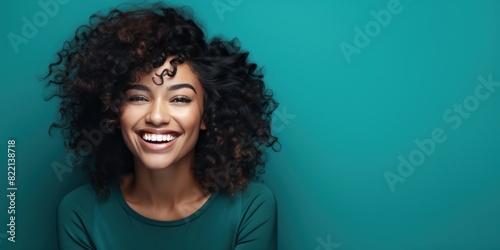 Turquoise background Happy black independant powerful Woman Portrait of young beautiful Smiling girl good mood Isolated on Background Skin Care Face Beauty Product Banner