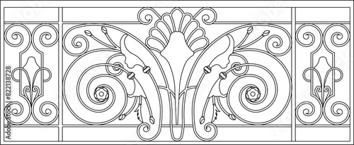 vector illustration, sketch design, drawing of a classic vintage European model of old iron fence railing