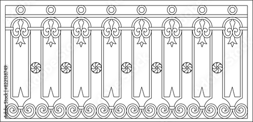 vector illustration, sketch design, drawing of a classic vintage European model of old iron fence railing
