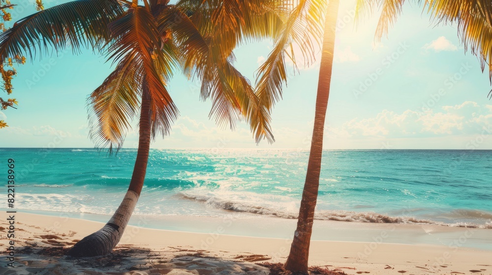 Fototapeta premium Two Palm Trees on Caribbean Beach With Ocean Background