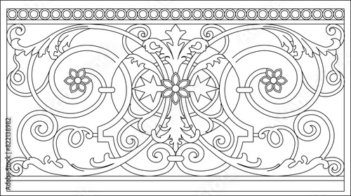 vector illustration, sketch design, drawing of a classic vintage ethnic traditional old iron fence railing