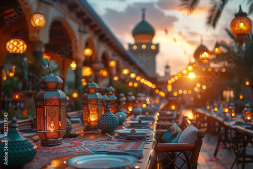 Islamic background with lanterns, created with Generative AI technology photo