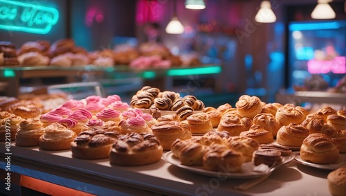 There are several plates of pastries on a table. The pastries are mostly cakes and croissants. The cakes are decorated with frosting and fruit.

 photo