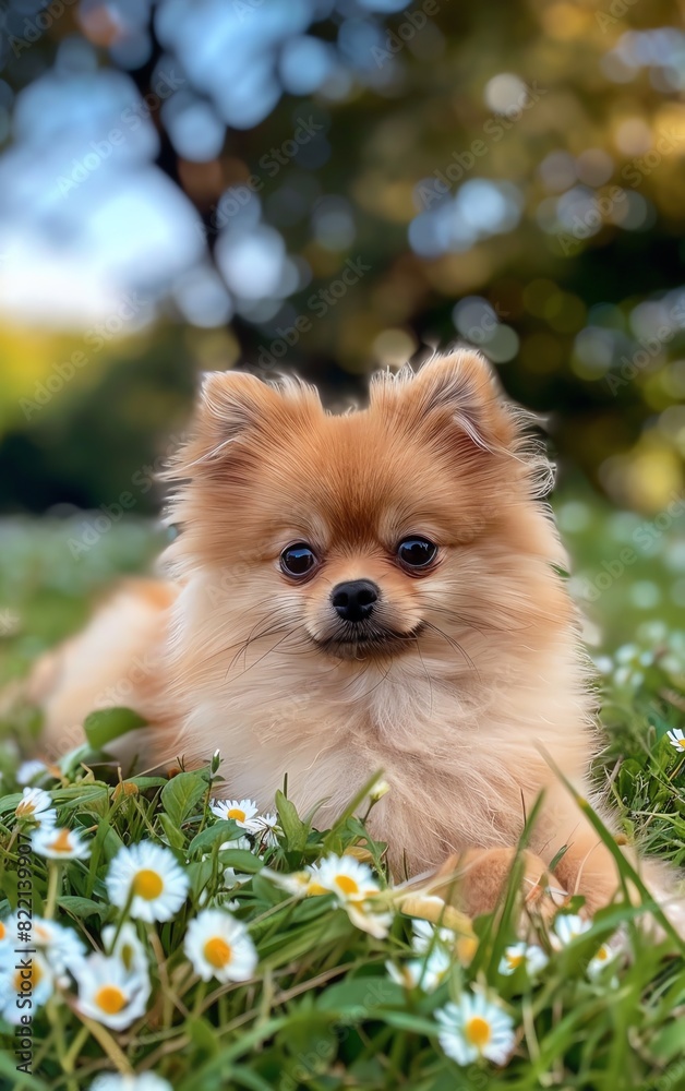 The cute little Pomeranian happily lies on the grass with flowers, front angle, photography style The cute little Pomeranian happily lies on the grass with flowers, front angle, photography style