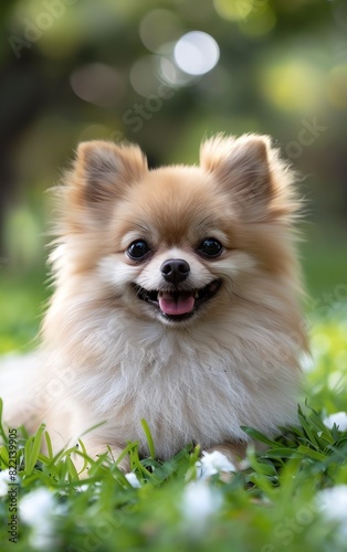 The cute little Pomeranian happily lies on the grass with flowers, front angle, photography style