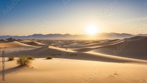 This is an image of a desert with a sunrise or sunset. There are sand dunes in the foreground and mountains in the background. The sky is clear with a bright sun.  