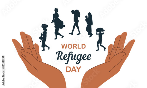 Silhouettes of many people with luggage. Banner for World Refuge Day , flat vector illustration .