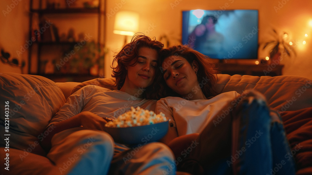 Woman and Girlfriend Cuddling on Couch with Popcorn Woman and Girlfriend Cuddling on Couch with Popcorn