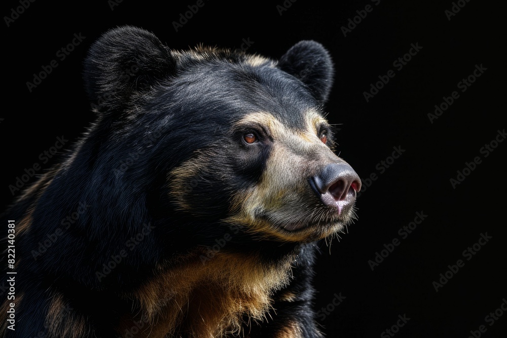 Mystic portrait of Spectacled Bear in studio, copy space on right side, Anger, Menacing, Headshot, Close-up View Isolated on black background Mystic portrait of Spectacled Bear in studio, copy space on right side, Anger, Menacing, Headshot, Close-up View Isolated on black background