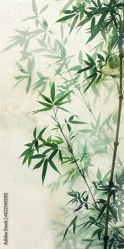 The shading of the Chinese-style paper  the pale green bamboo  the grain is faintly visible white background