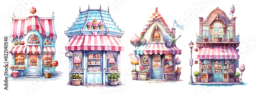 Watercolour ice cream shop, little houses for greeting cards