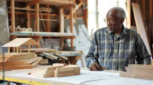 In a well-organized carpentry workshop, a senior Afro-American carpenter and business owner examines a set of blueprints with keen attention, surrounded by wooden models and tools © Maria Shchipakina